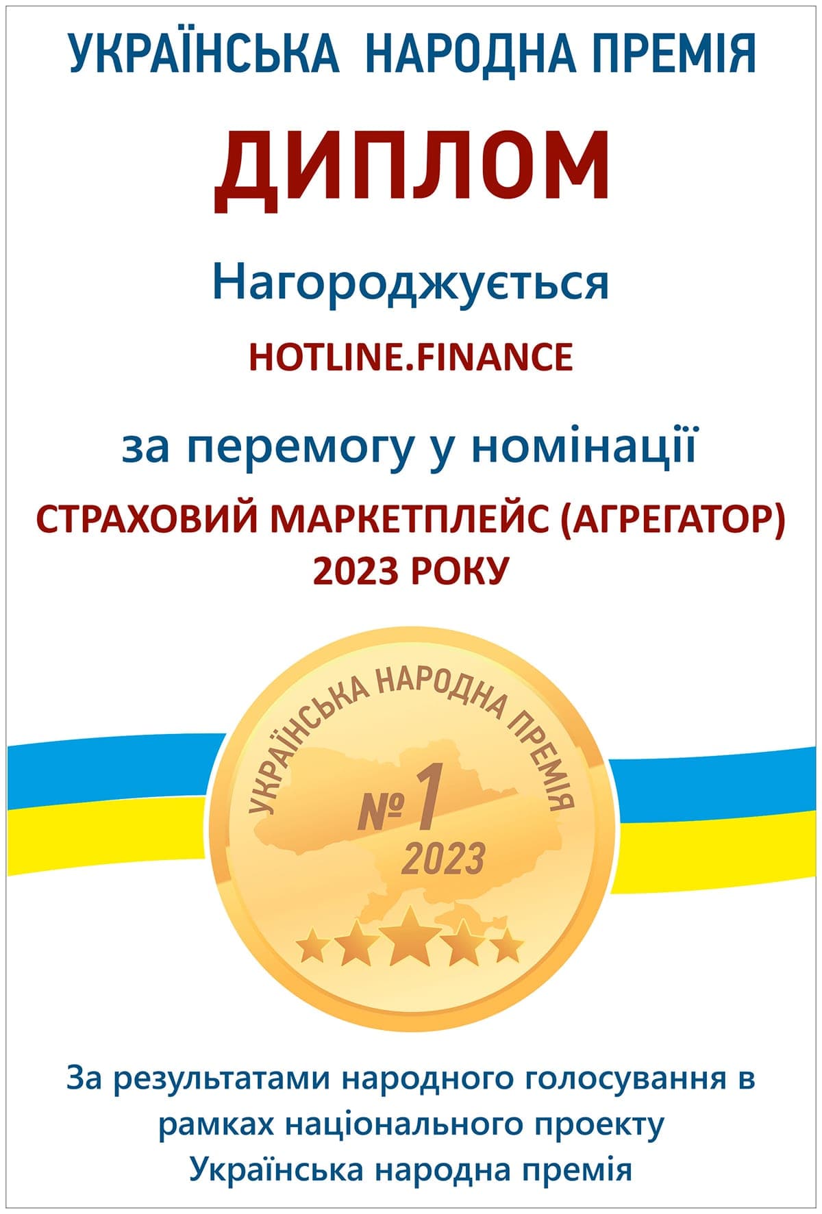 Українська народна премія 2023 — диплом hotline.finance