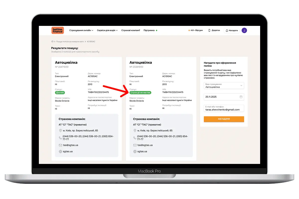 Які можливі варіанти перевірки поліса автоцивілки та Зеленої картки на hotline.finance? Строк дії ще не настав