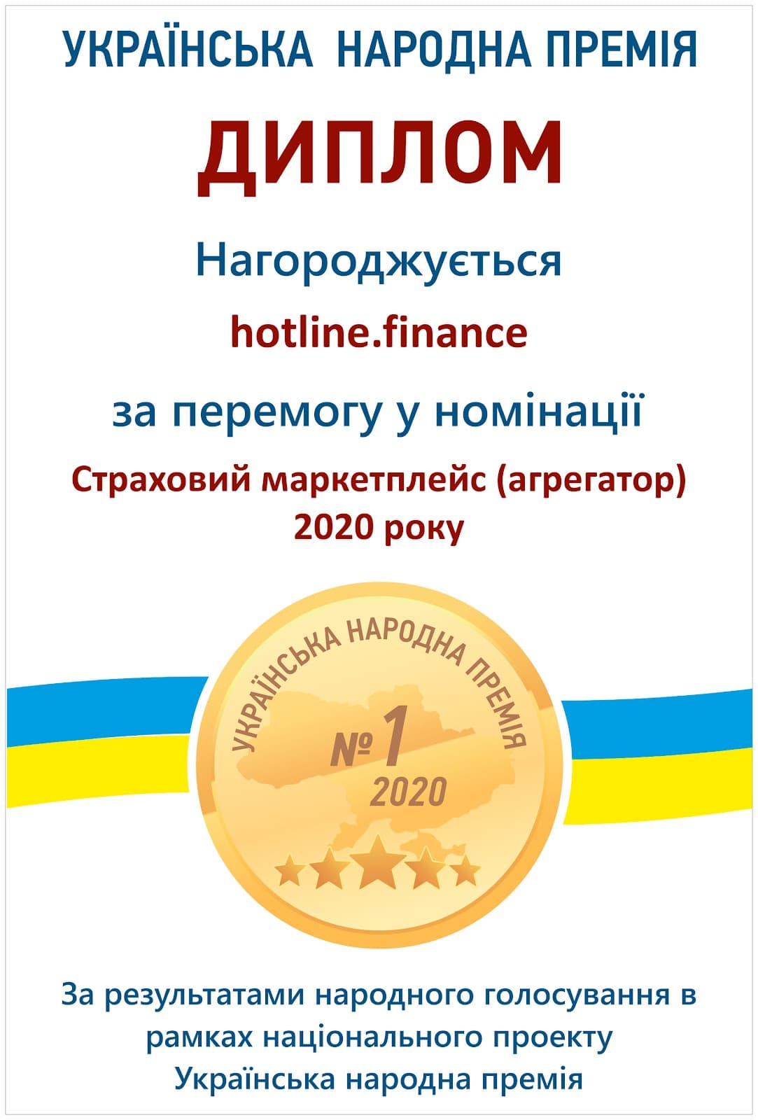 Диплом Українська народна премія — переможець hotline.finance