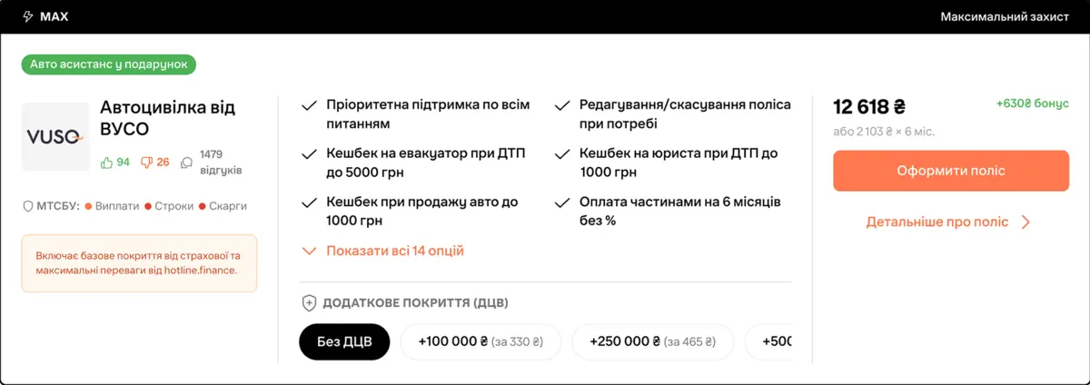 Автоцивілка MAX на hotline.finance